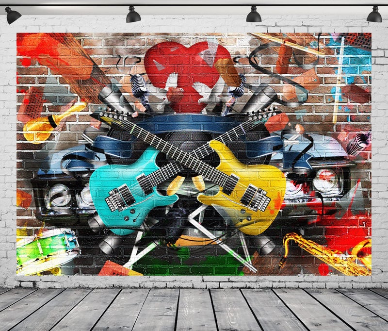 BELECO 7x5ft Fabric Rock and Roll Guitar Backdrop Graffiti Brick Wall Musical Phtography Backdrop for Party Decoration 80s 90s Birthday Banner Disco Concert Photoshoot Photo Background Props - Image 2